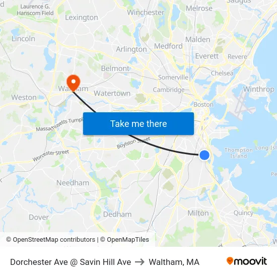Dorchester Ave @ Savin Hill Ave to Waltham, MA map