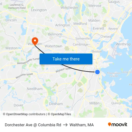 Dorchester Ave @ Columbia Rd to Waltham, MA map