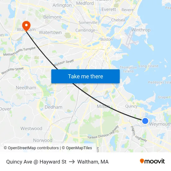 Quincy Ave @ Hayward St to Waltham, MA map
