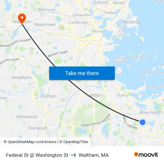 Federal St @ Washington St to Waltham, MA map