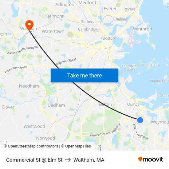 Commercial St @ Elm St to Waltham, MA map