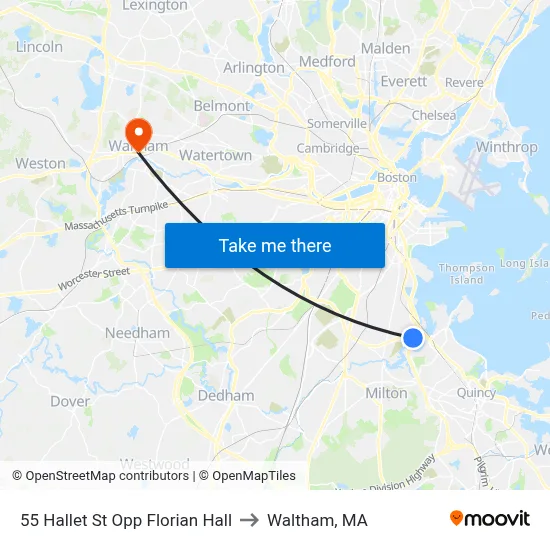 55 Hallet St Opp Florian Hall to Waltham, MA map