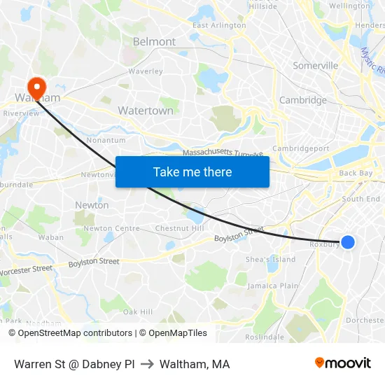 Warren St @ Dabney Pl to Waltham, MA map