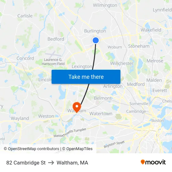 82 Cambridge St to Waltham, MA map