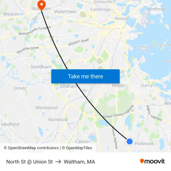 North St @ Union St to Waltham, MA map