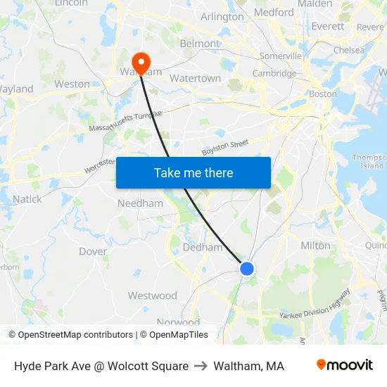 Hyde Park Ave @ Wolcott Square to Waltham, MA map