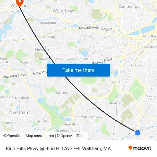 Blue Hills Pkwy @ Blue Hill Ave to Waltham, MA map