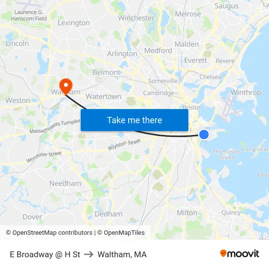 E Broadway @ H St to Waltham, MA map