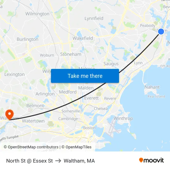 North St @ Essex St to Waltham, MA map