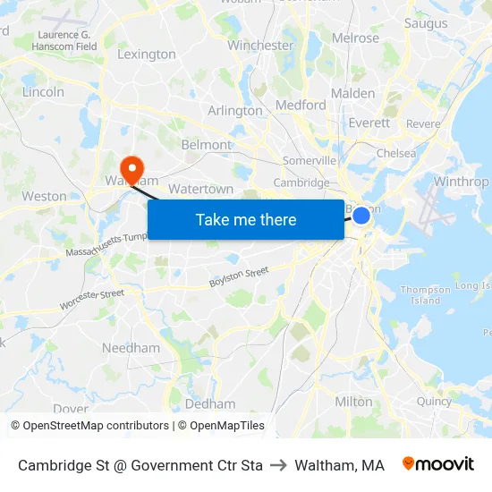 Cambridge St @ Government Ctr Sta to Waltham, MA map