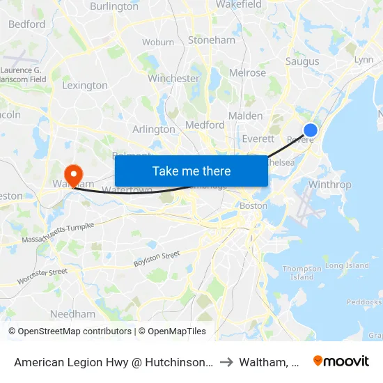 American Legion Hwy @ Hutchinson St to Waltham, MA map