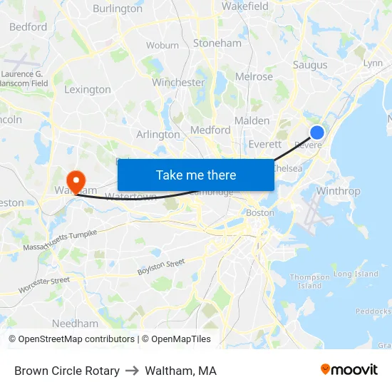 Brown Circle Rotary to Waltham, MA map