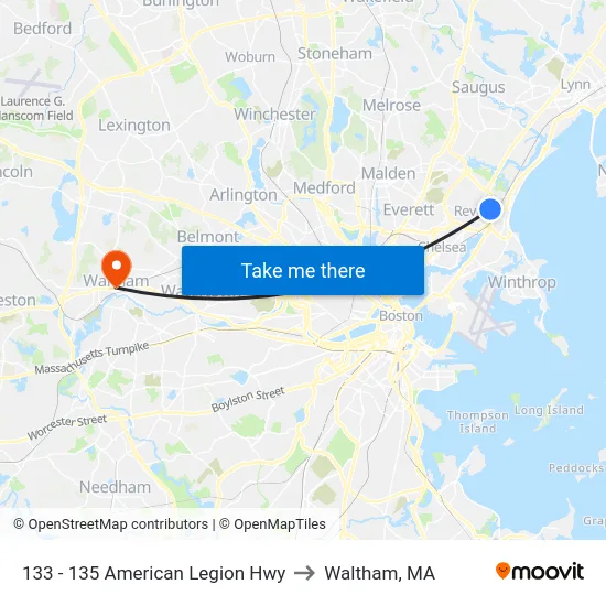 133 - 135 American Legion Hwy to Waltham, MA map