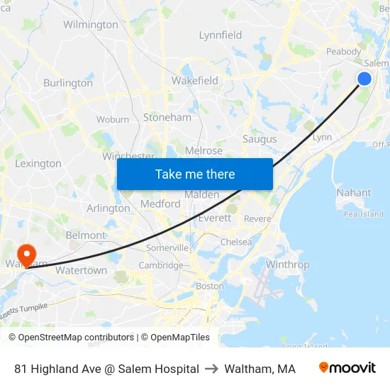 81 Highland Ave @ Salem Hospital to Waltham, MA map