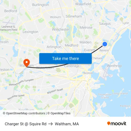 Charger St @ Squire Rd to Waltham, MA map