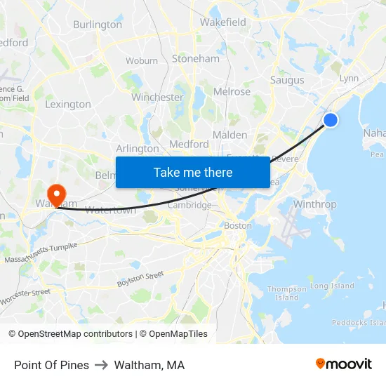 Point Of Pines to Waltham, MA map