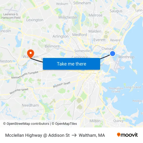 Mcclellan Highway @ Addison St to Waltham, MA map