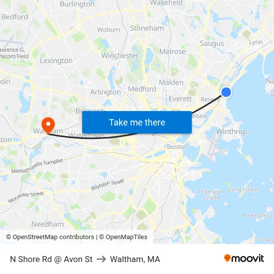 N Shore Rd @ Avon St to Waltham, MA map