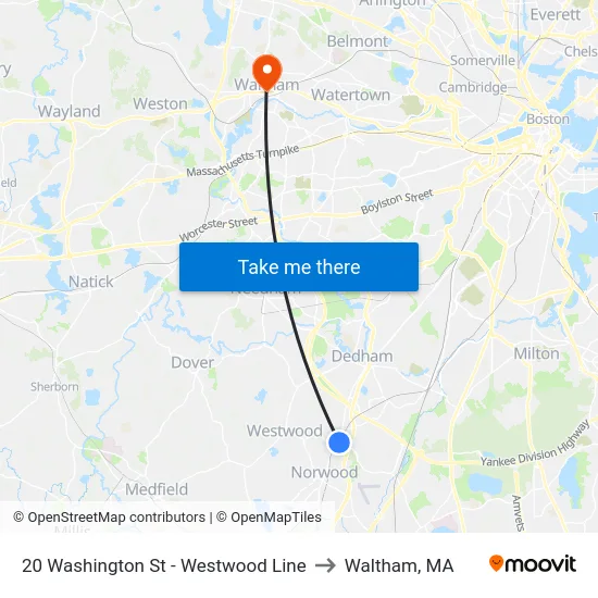 20 Washington St - Westwood Line to Waltham, MA map