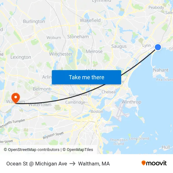 Ocean St @ Michigan Ave to Waltham, MA map