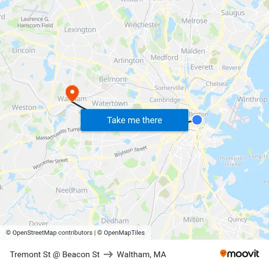 Tremont St @ Beacon St to Waltham, MA map