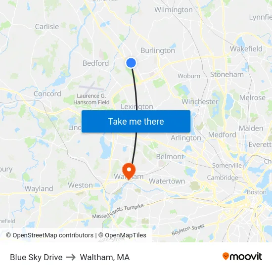 Blue Sky Drive to Waltham, MA map