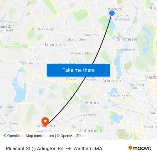 Pleasant St @ Arlington Rd to Waltham, MA map
