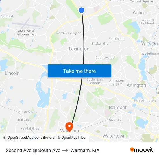 Second Ave @ South Ave to Waltham, MA map