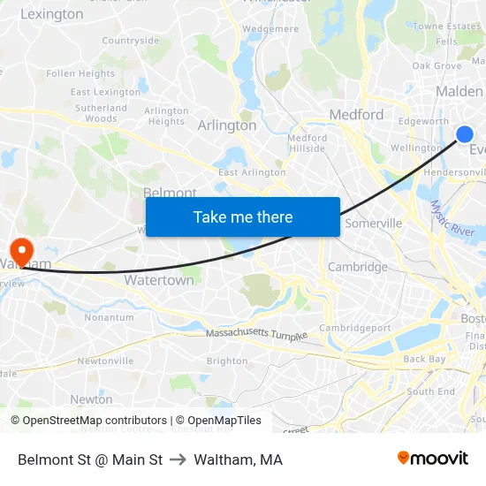 Belmont St @ Main St to Waltham, MA map