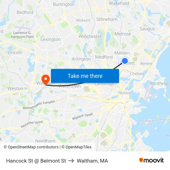 Hancock St @ Belmont St to Waltham, MA map