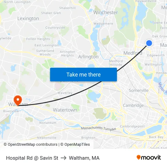Hospital Rd @ Savin St to Waltham, MA map