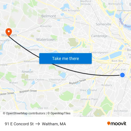 91 E Concord St to Waltham, MA map