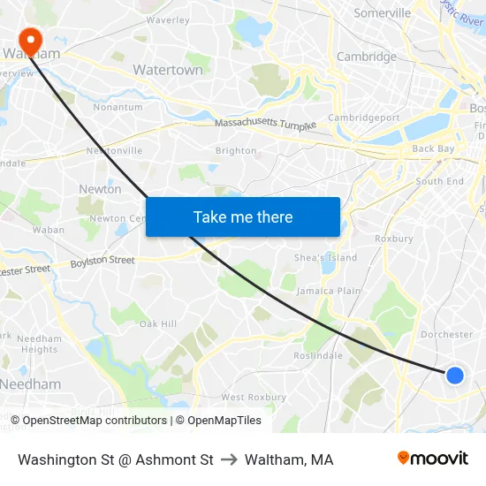 Washington St @ Ashmont St to Waltham, MA map