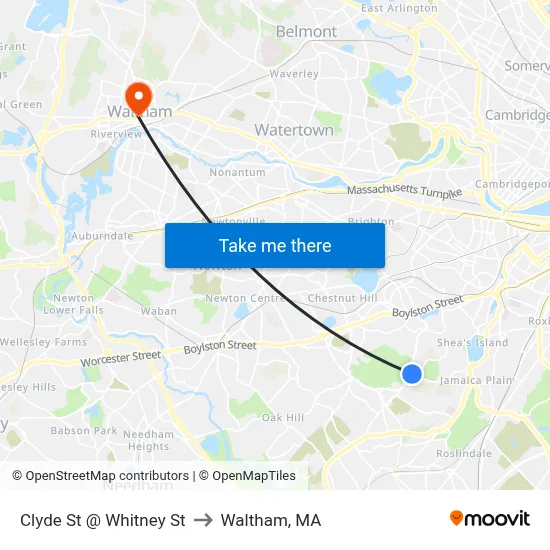 Clyde St @ Whitney St to Waltham, MA map