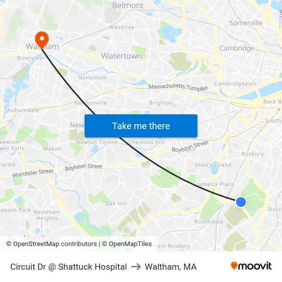 Circuit Dr @ Shattuck Hospital to Waltham, MA map