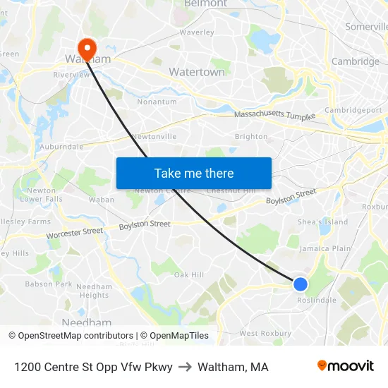 1200 Centre St Opp Vfw Pkwy to Waltham, MA map