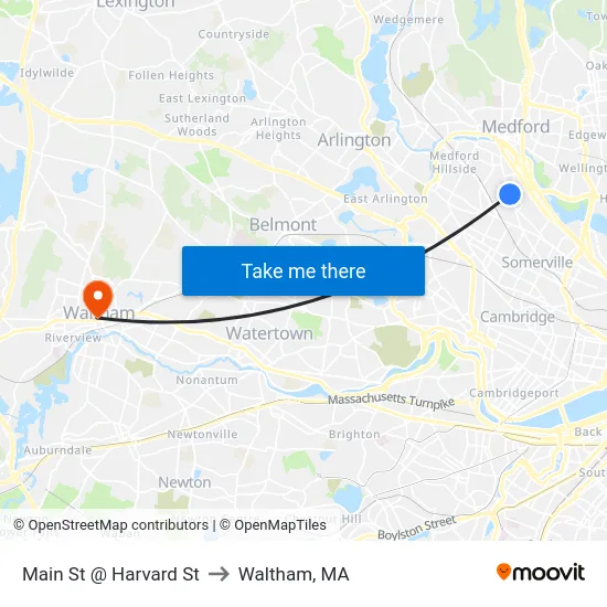 Main St @ Harvard St to Waltham, MA map