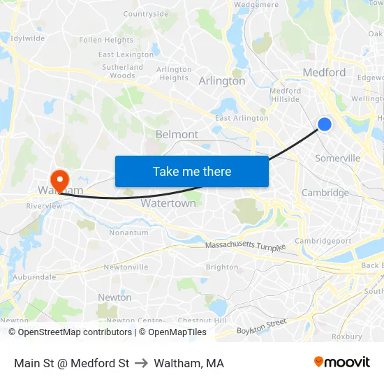 Main St @ Medford St to Waltham, MA map
