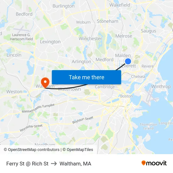 Ferry St @ Rich St to Waltham, MA map