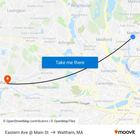 Eastern Ave @ Main St to Waltham, MA map