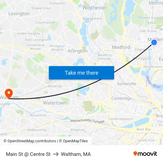 Main St @ Centre St to Waltham, MA map
