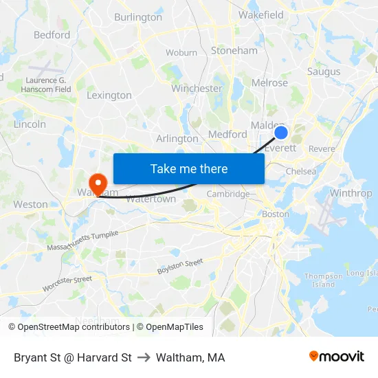 Bryant St @ Harvard St to Waltham, MA map