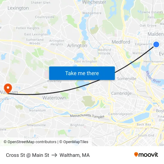 Cross St @ Main St to Waltham, MA map