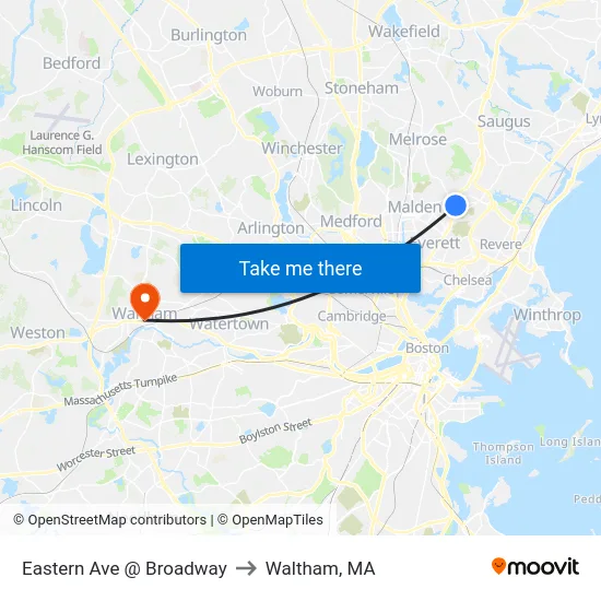 Eastern Ave @ Broadway to Waltham, MA map