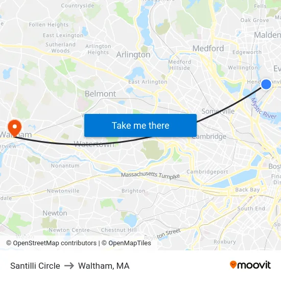 Santilli Circle to Waltham, MA map