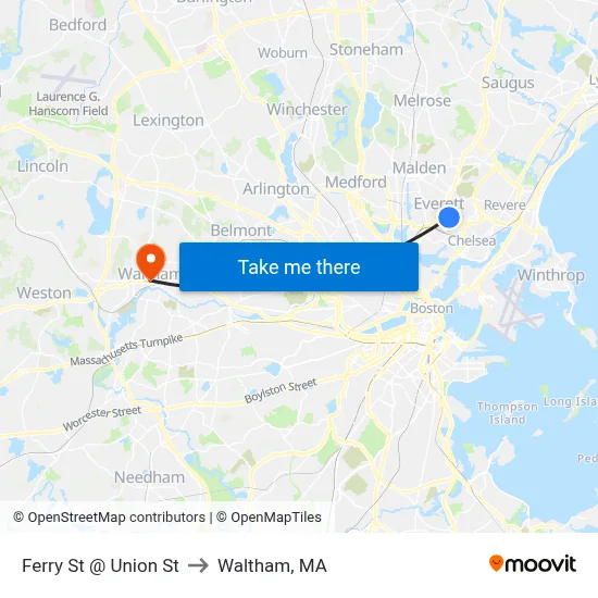 Ferry St @ Union St to Waltham, MA map