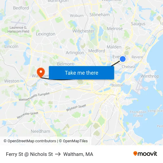 Ferry St @ Nichols St to Waltham, MA map