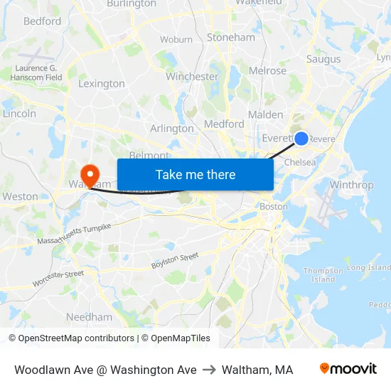 Woodlawn Ave @ Washington Ave to Waltham, MA map