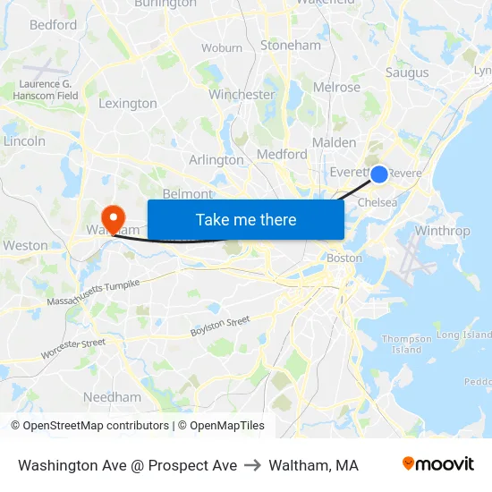 Washington Ave @ Prospect Ave to Waltham, MA map
