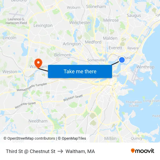 Third St @ Chestnut St to Waltham, MA map
